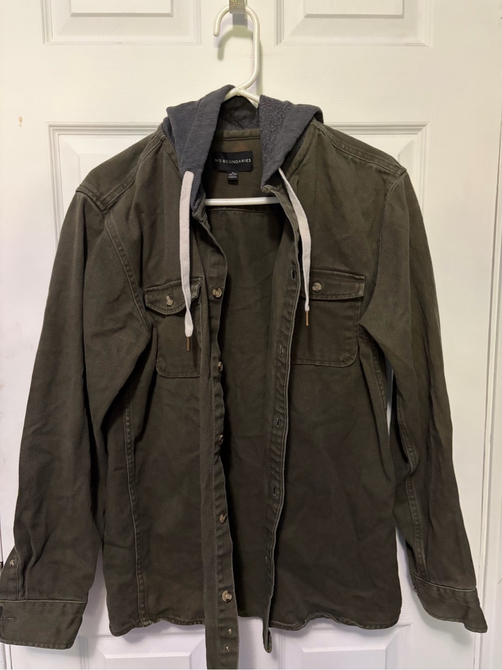 No Boundaries Olive Green Hooded Utility Jacket with Gray Drawstring Hood
